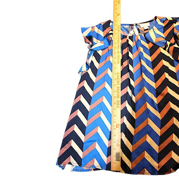 Liz Claiborne XL Chevron Ruffle Cap Sleeve Blouse Blue Black Geoprint Tunic - Picture 7 of 9